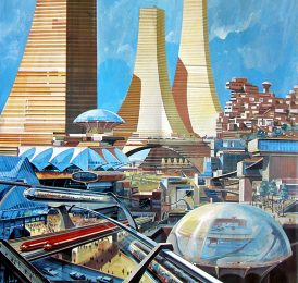 futurist painting of city with tall buildings and transport lines