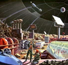 futurist painting of colony living on the moon